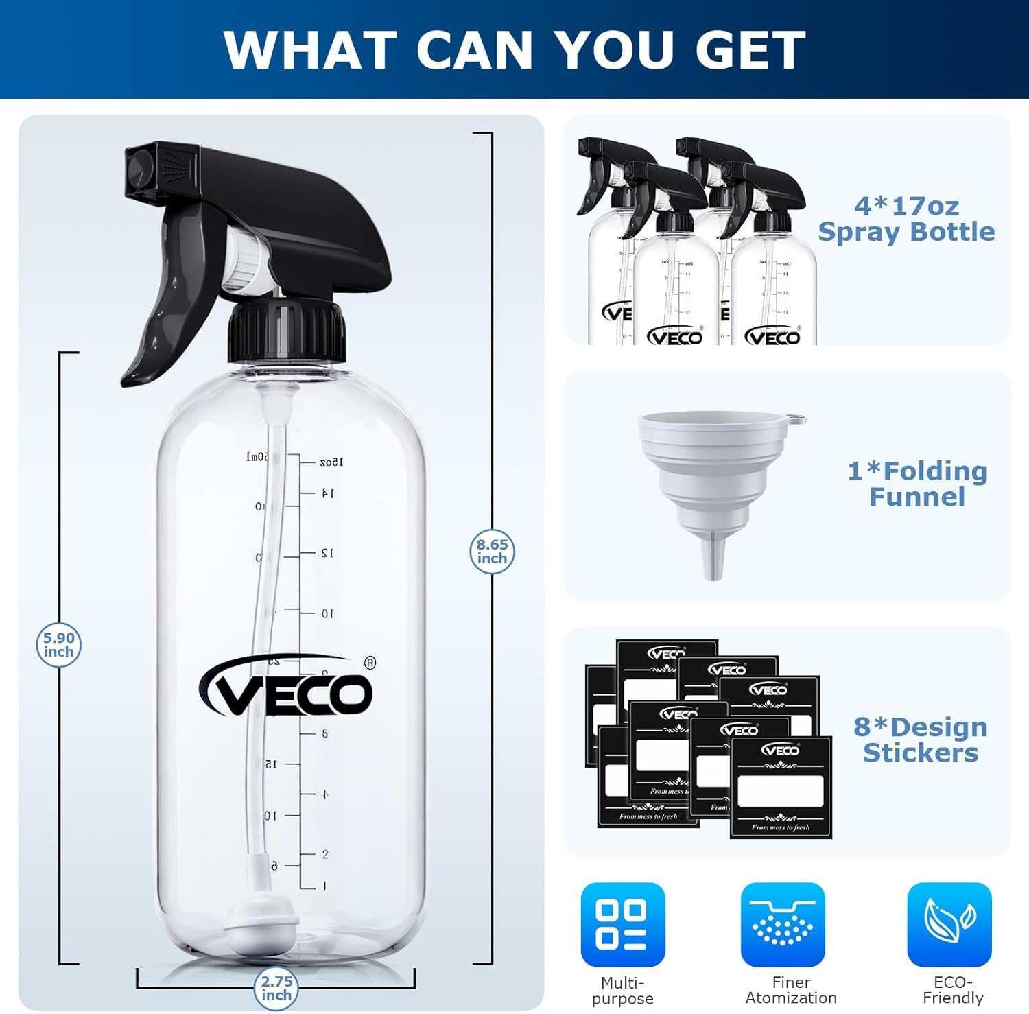 500Ml (17Oz) Graduated Spray Bottles, 4-Pack — 360° Any-Angle Spraying for Easy Dilution, Leak-Resistant Spray Bottles for Cleaning, Plants, Hair & Pet Use + Foldable Funnel