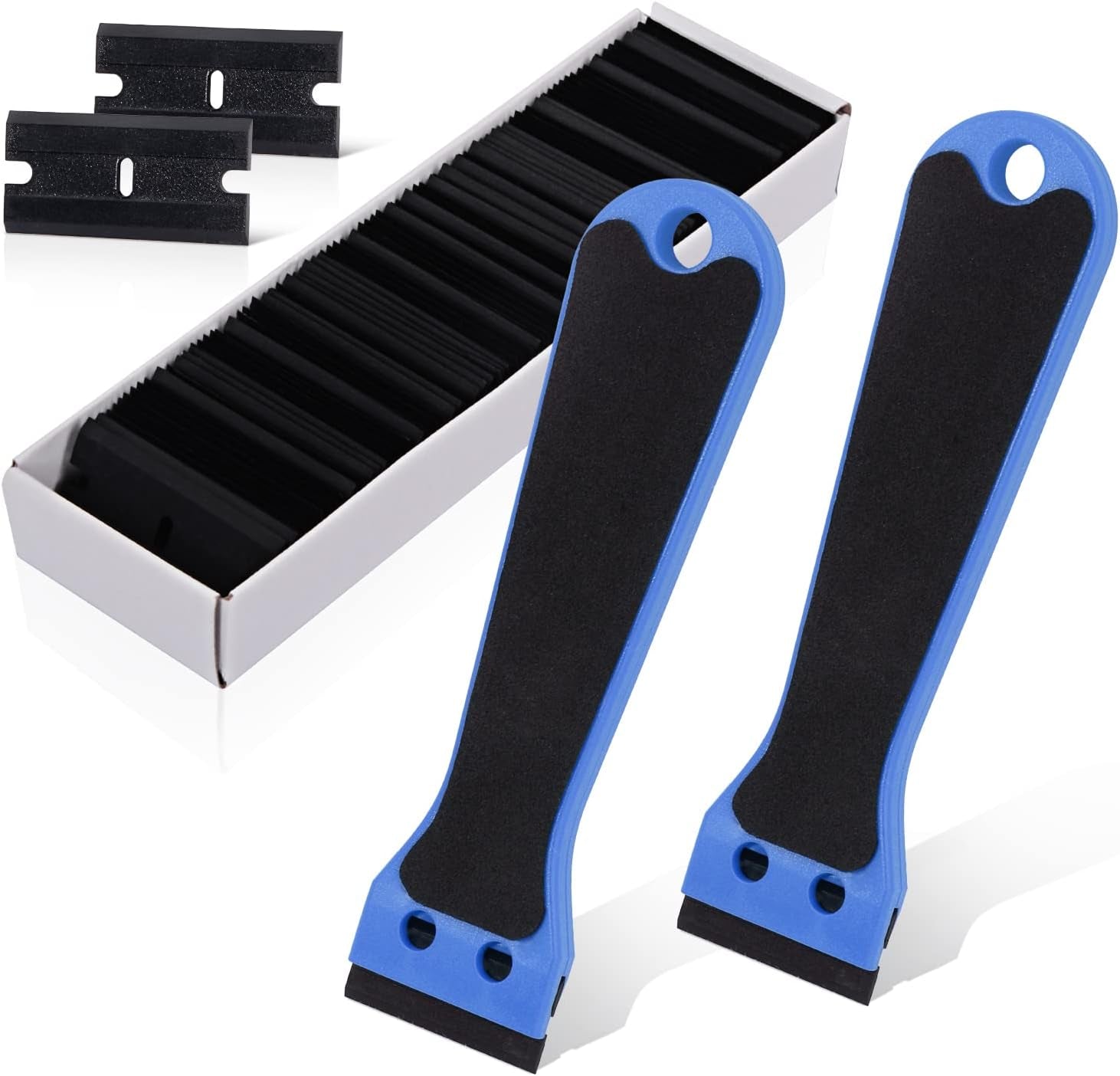 2Pcs Plastic Razor Scraper 6-Inch Long Handle Adhesive Remover Tool with 100 Double-Edge Blades for Window Tint Vinyl Scraper Decal Sticker Glue Remover (Blue)