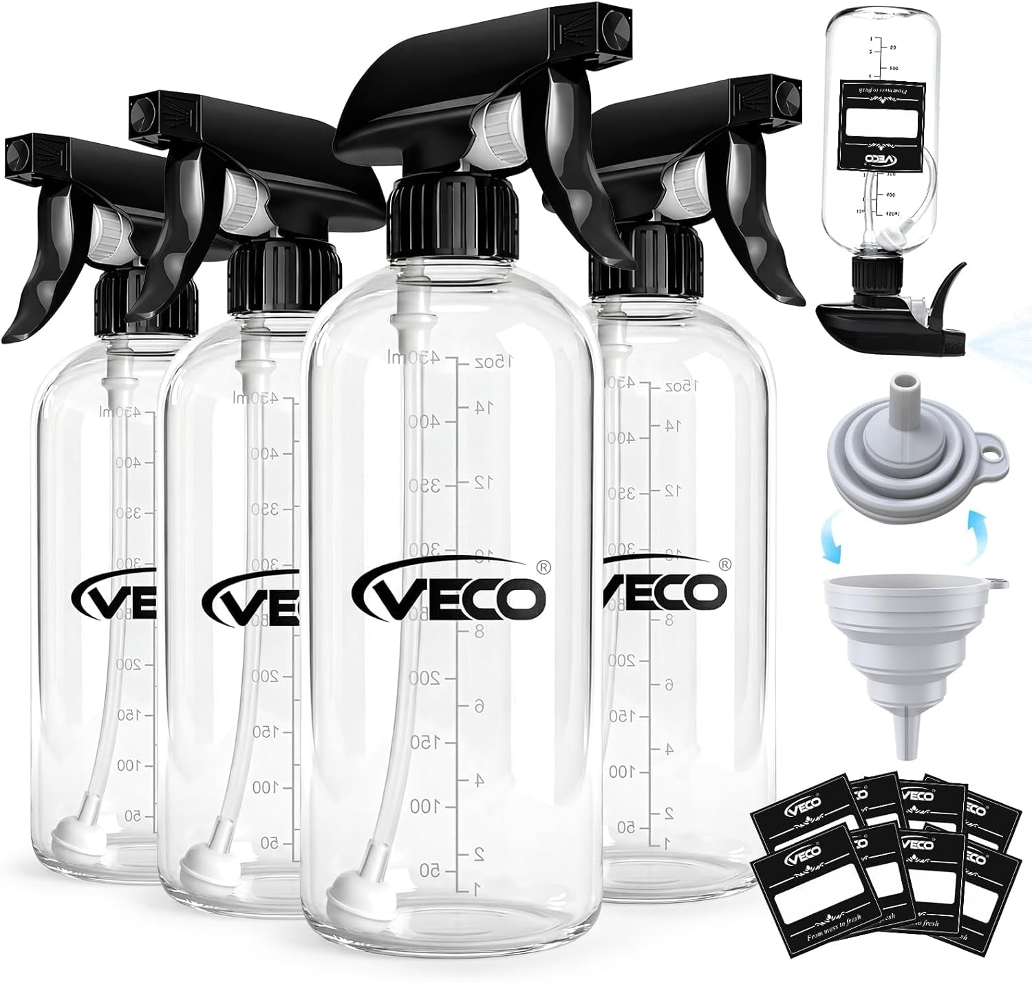 500Ml (17Oz) Graduated Spray Bottles, 4-Pack — 360° Any-Angle Spraying for Easy Dilution, Leak-Resistant Spray Bottles for Cleaning, Plants, Hair & Pet Use + Foldable Funnel