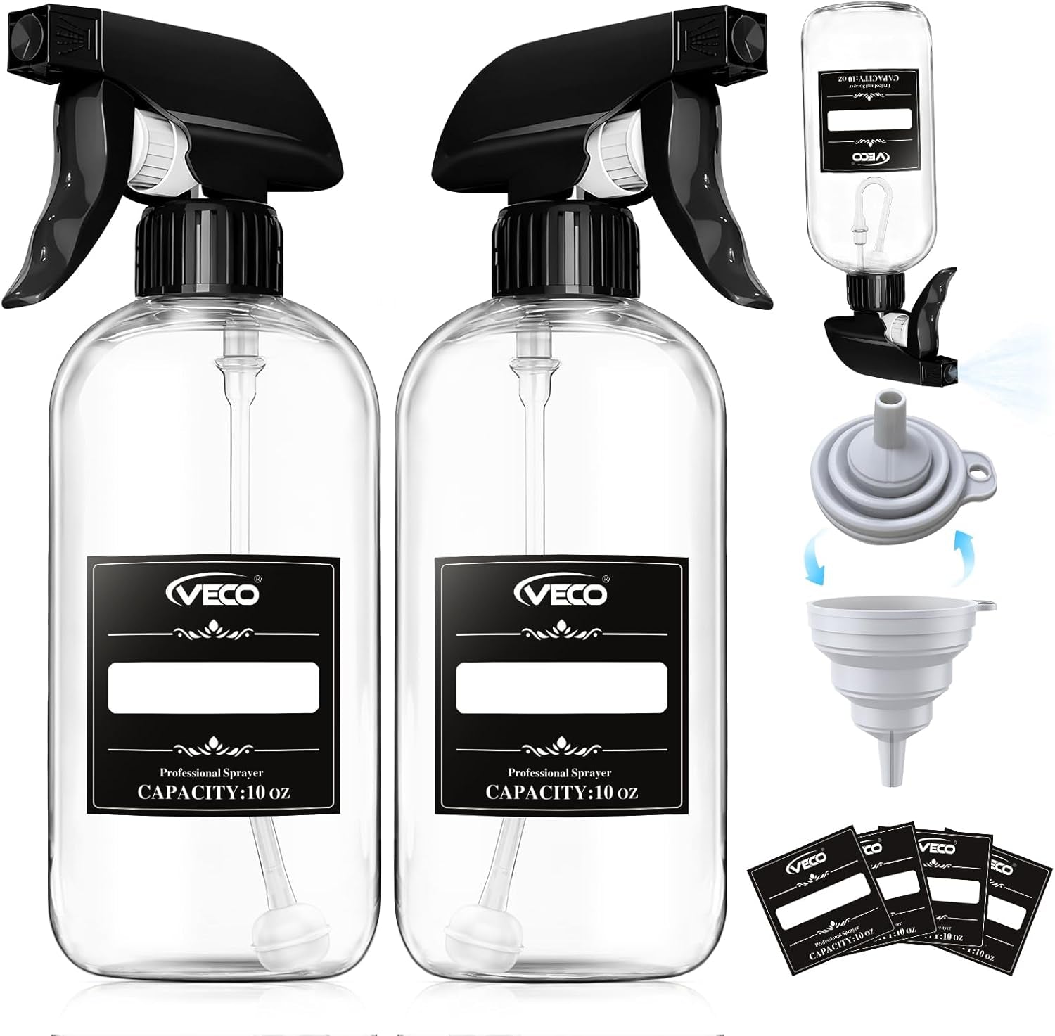 500Ml (17Oz) Graduated Spray Bottles, 4-Pack — 360° Any-Angle Spraying for Easy Dilution, Leak-Resistant Spray Bottles for Cleaning, Plants, Hair & Pet Use + Foldable Funnel