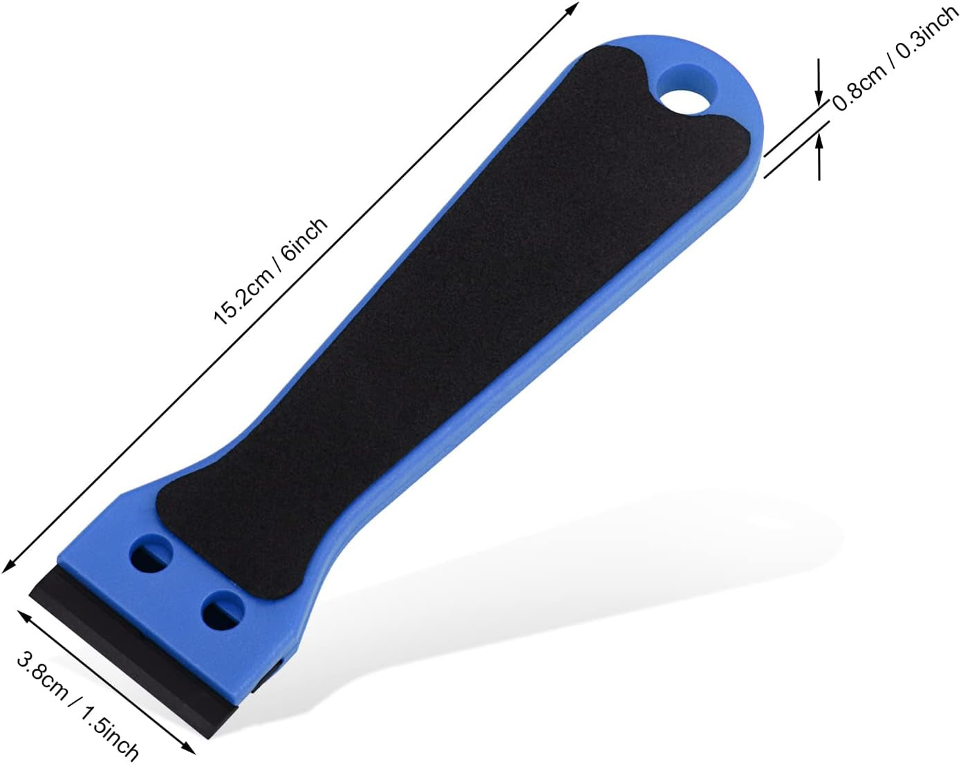 2Pcs Plastic Razor Scraper 6-Inch Long Handle Adhesive Remover Tool with 100 Double-Edge Blades for Window Tint Vinyl Scraper Decal Sticker Glue Remover (Blue)
