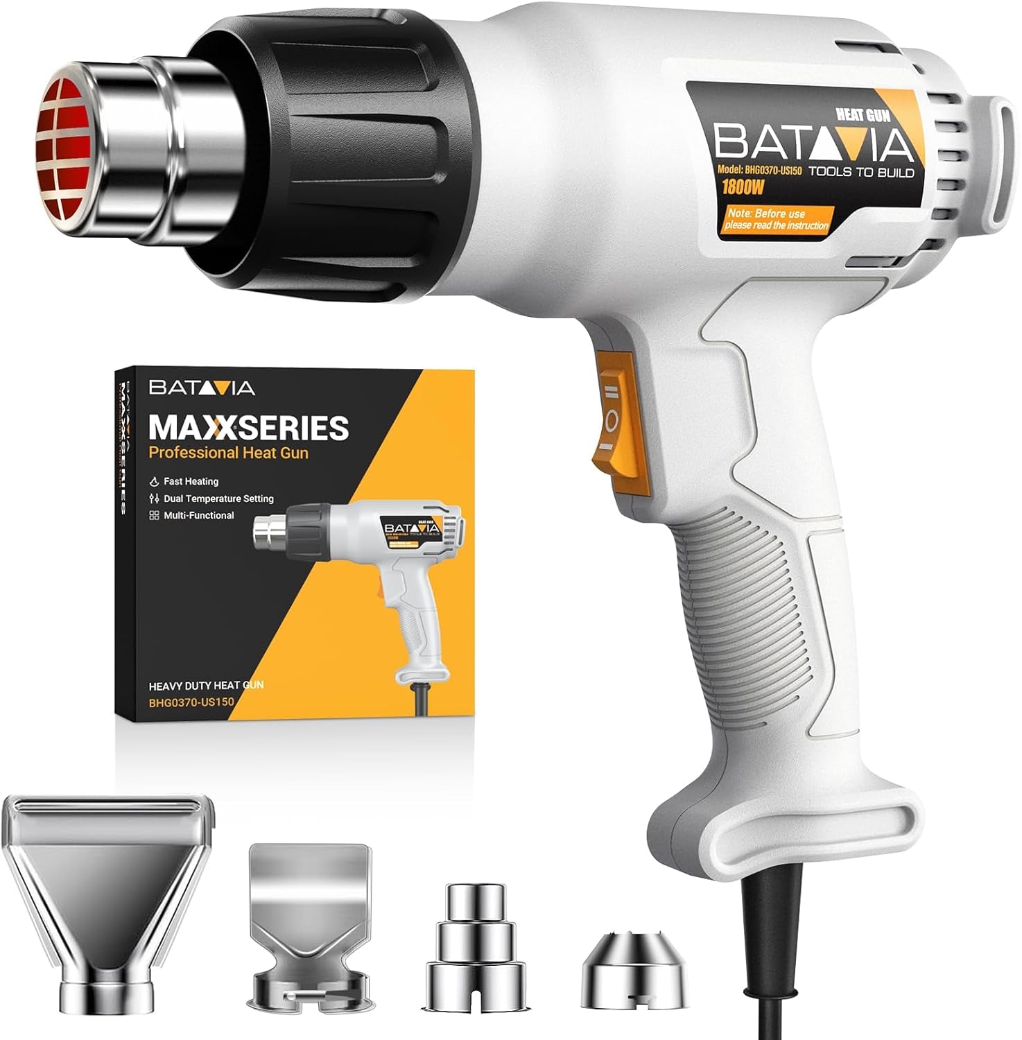 Heat Gun -  Dual Protection Fuses 1800W Heavy Duty Fast Heat Hot Air Gun with 752℉&1112℉ Dual-Temperature Settings and 4 Nozzles with Overheat Protection for Crafts, Vinyl Wrap, Shrink Tubing
