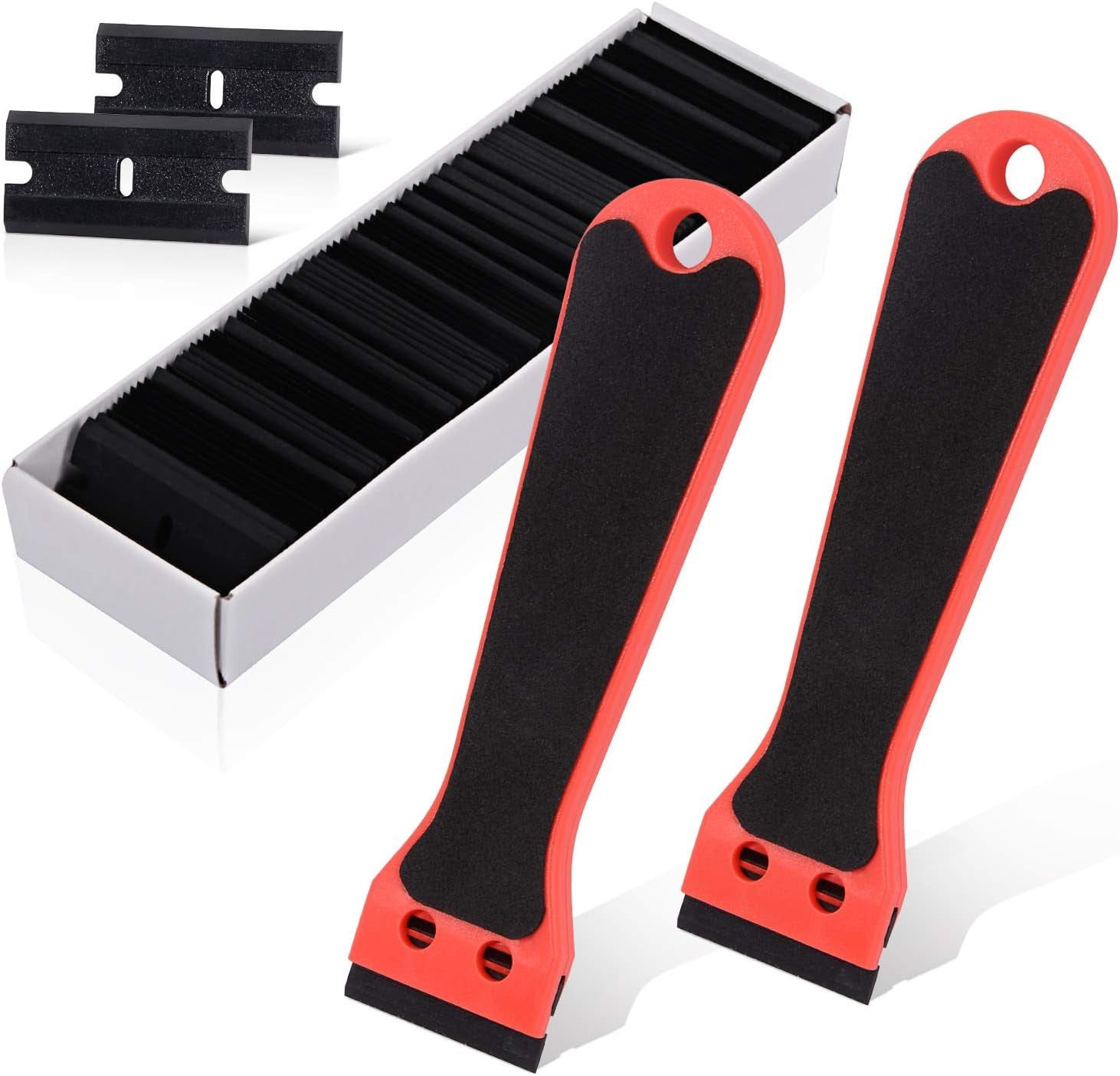 2Pcs Plastic Razor Scraper 6-Inch Long Handle Adhesive Remover Tool with 100 Double-Edge Blades for Window Tint Vinyl Scraper Decal Sticker Glue Remover (Blue)