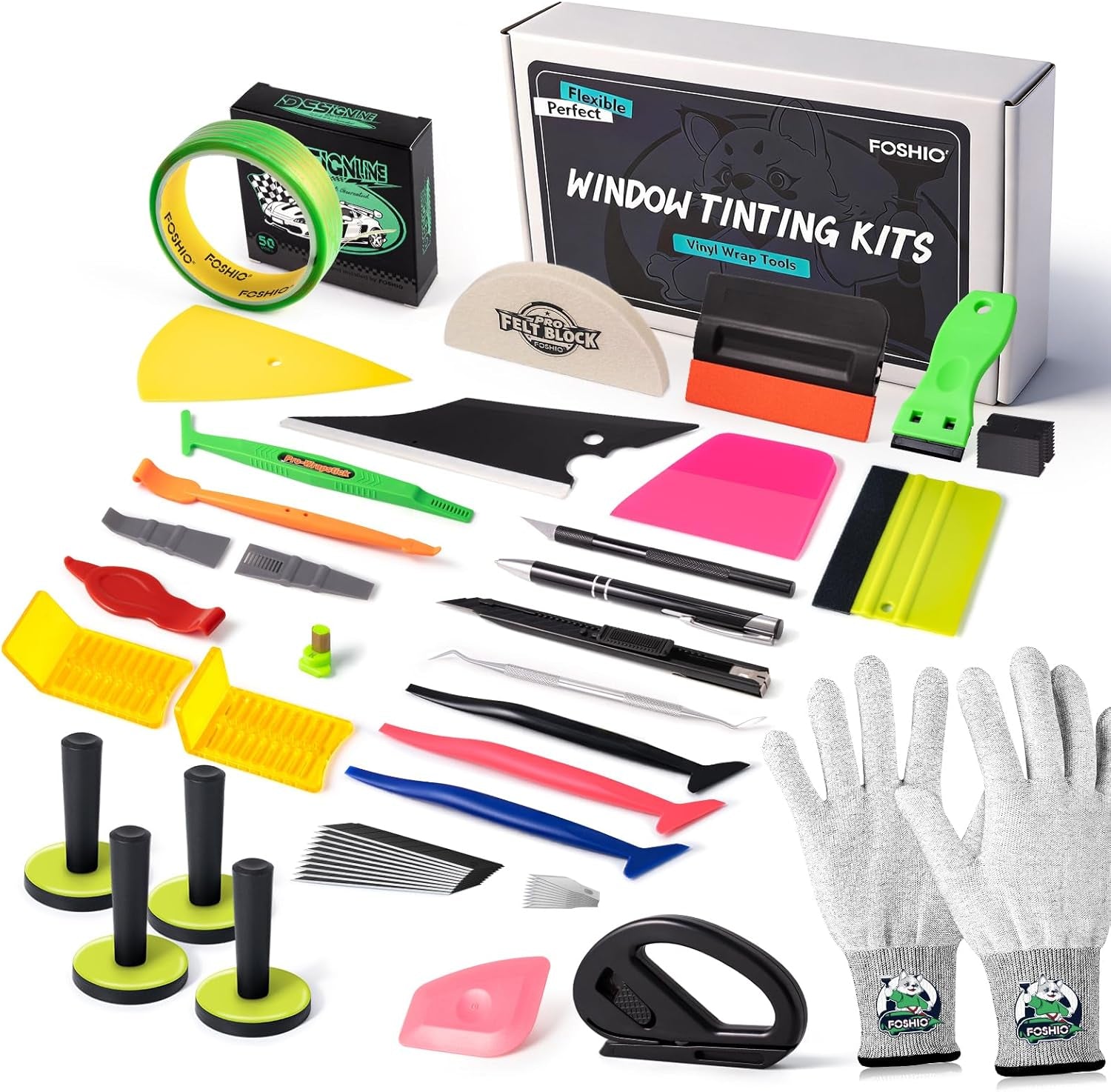 Vinyl Wrap Tool Kits Knife Less Tape 50M (164Ft), Felt & Card Squeegee, PPF Squeegee & Tucking Tool, Exacto Knife, Plastic Scraper, Gloves, Magnets for Car Wraps Wrapping Window Tint Kit