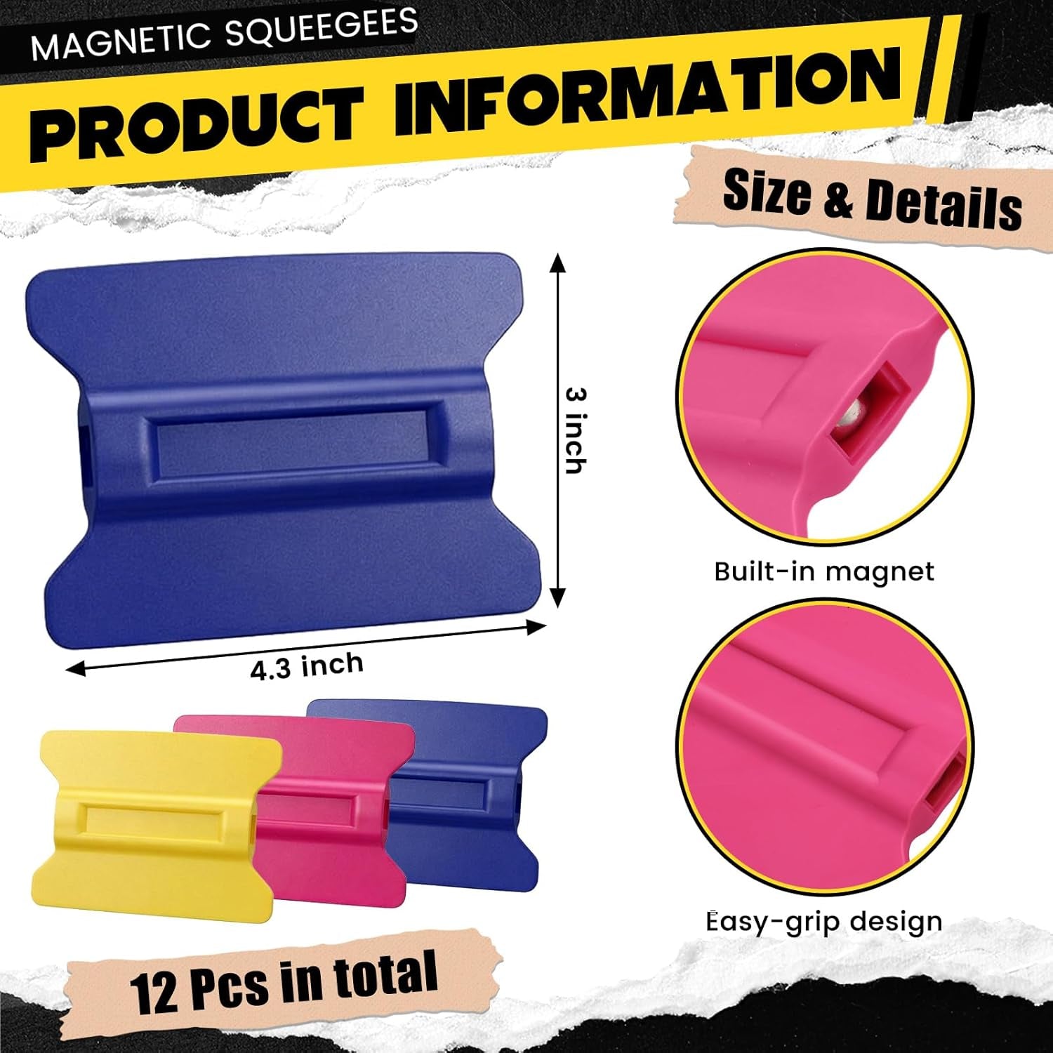 12 Pcs Magnetic Squeegees for Vinyl Car Wrap Color Change, Hard, Medium and Soft, for Different Hardness Car Films